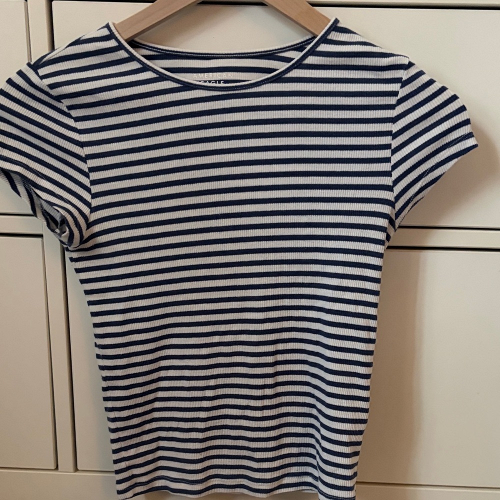 American Eagle Outfitters Navy and White Striped Baby Tee